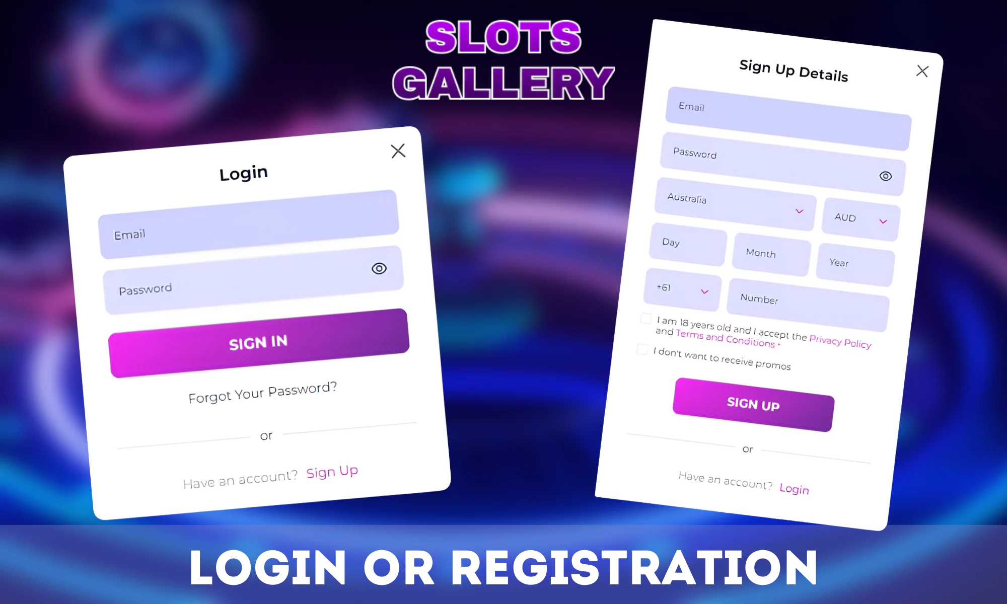 Register or log in to your Slots gallery account