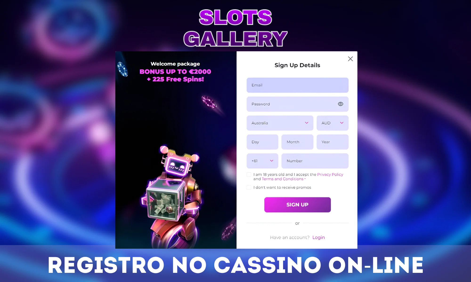 Instruções passo a passo sobre como se registrar no Slots Gallery Casino