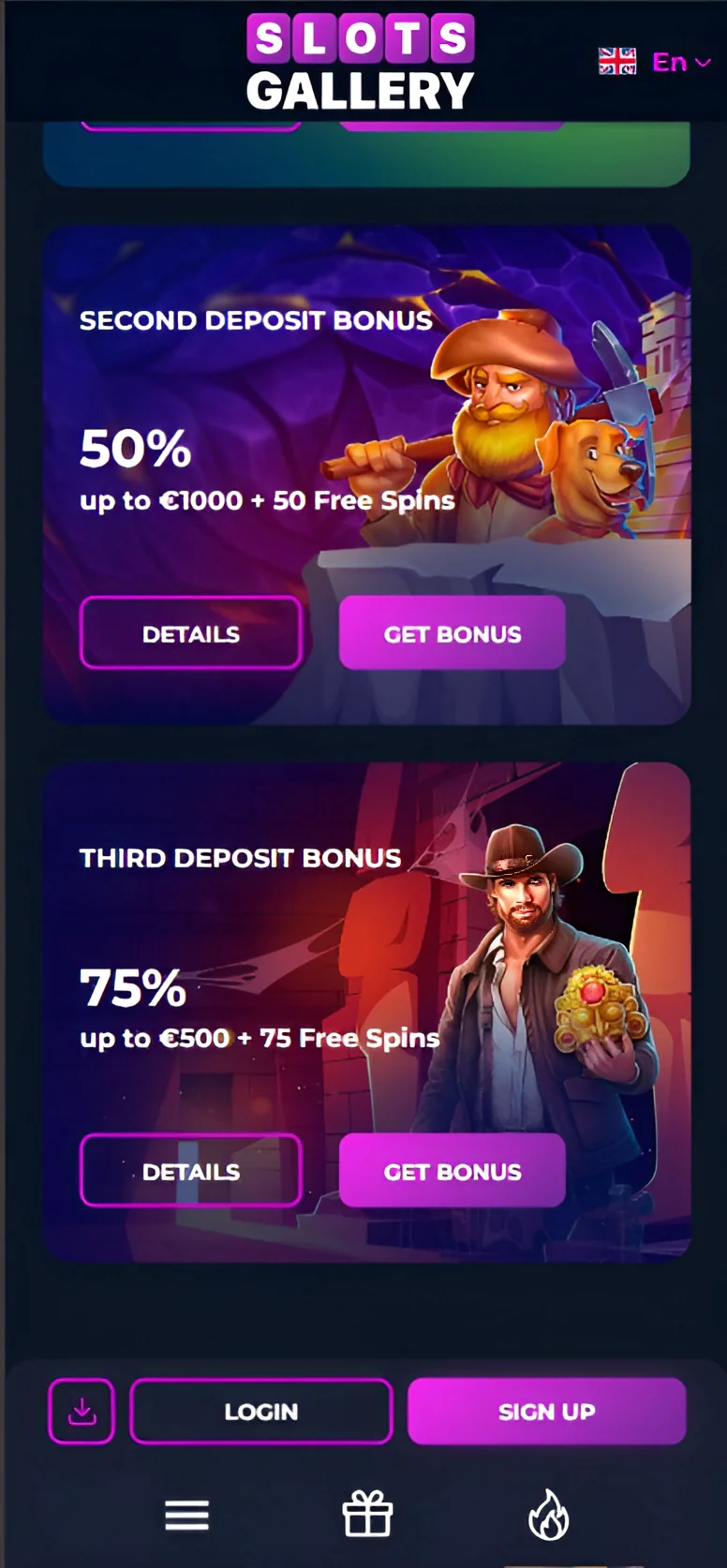 Bonus offers in the Mobile App - Slots Gallery