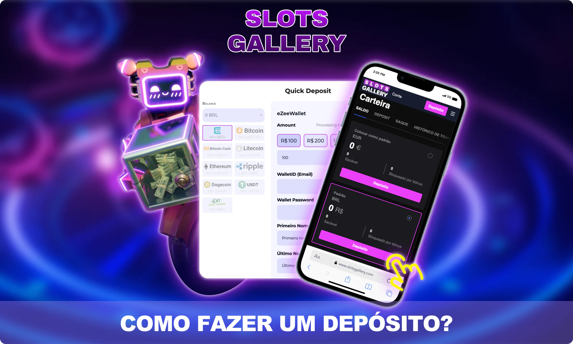 Instruções para repor seu saldo no site Slots Gallery Brazil