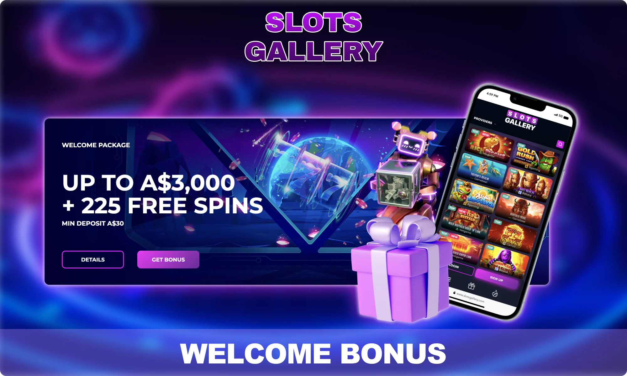 Welcome Package offer for Australian players at Slots Gallery