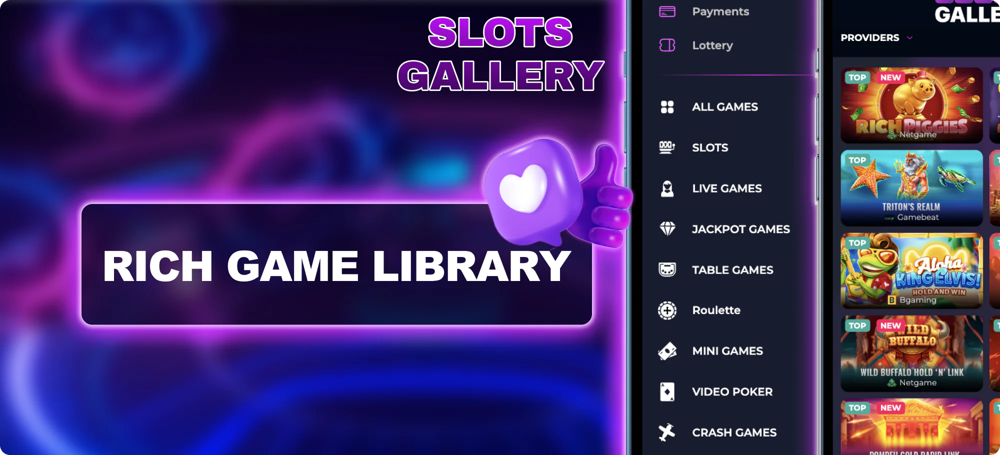 Wide game library for players in the Slots Gallery App